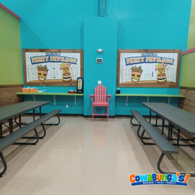 Picnic tables in the public party gathering area at Cowabunga’s Manchester, NH