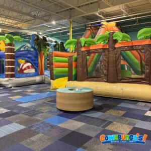 Colorful inflatables in a private play gym at Cowabunga’s North Reading, MA
